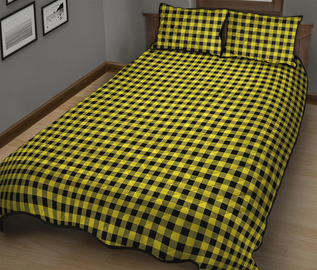 Yellow And Black Check Pattern Print Quilt Bed Set