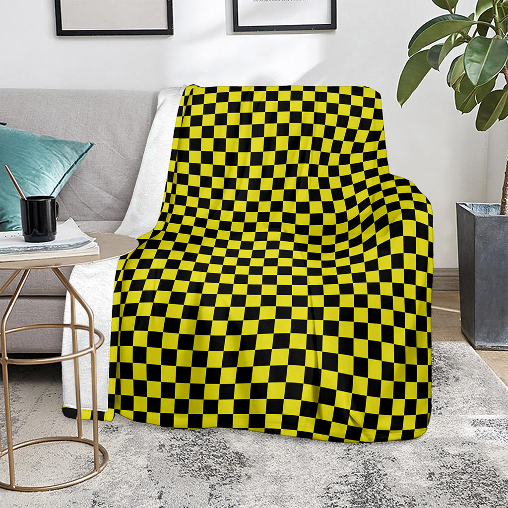 Yellow And Black Checkered Pattern Print Blanket