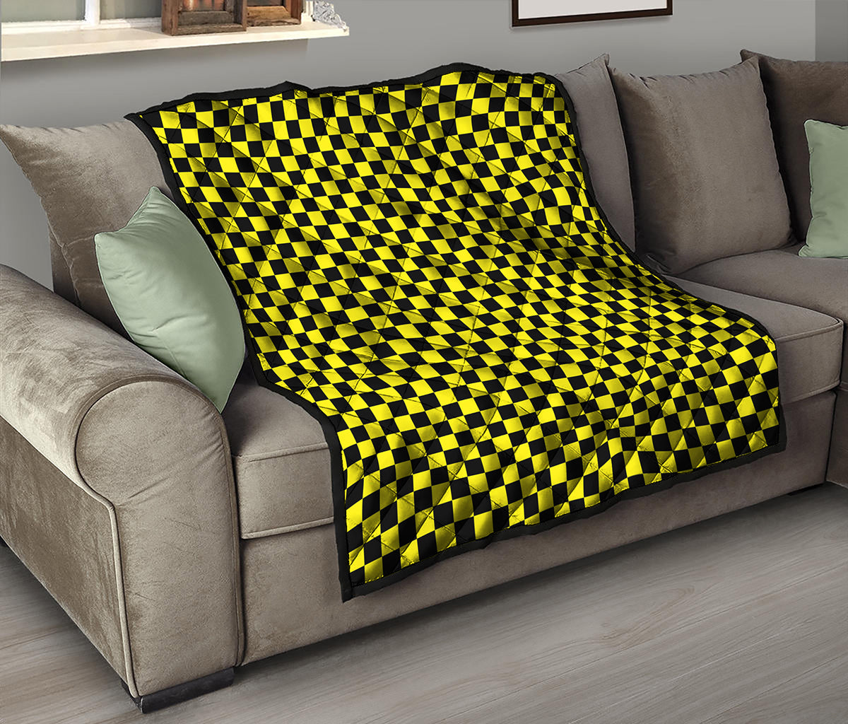 Yellow And Black Checkered Pattern Print Quilt