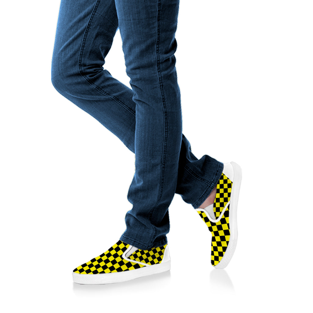 Yellow And Black Checkered Pattern Print White Slip On Shoes