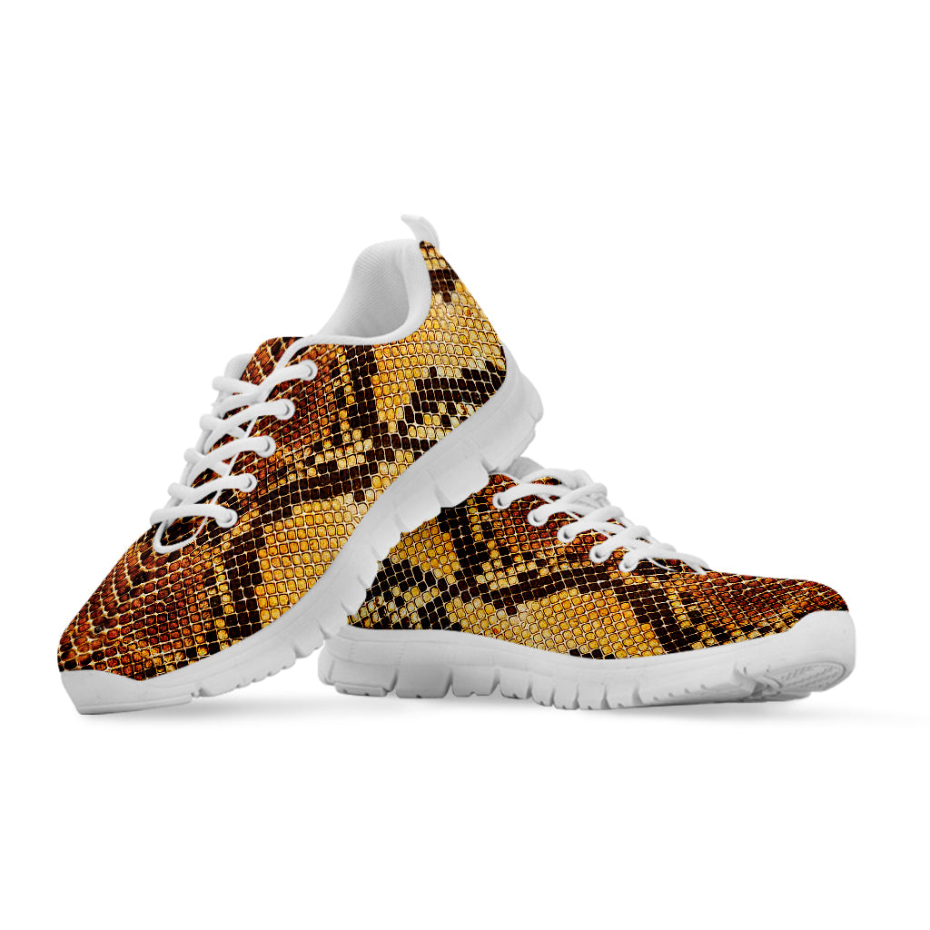 Yellow And Brown Snakeskin Print White Sneakers
