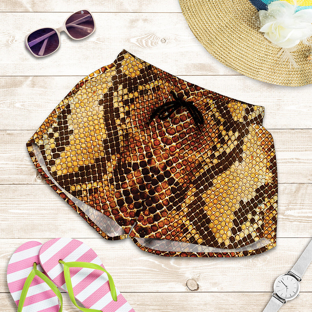 Yellow And Brown Snakeskin Print Women's Shorts