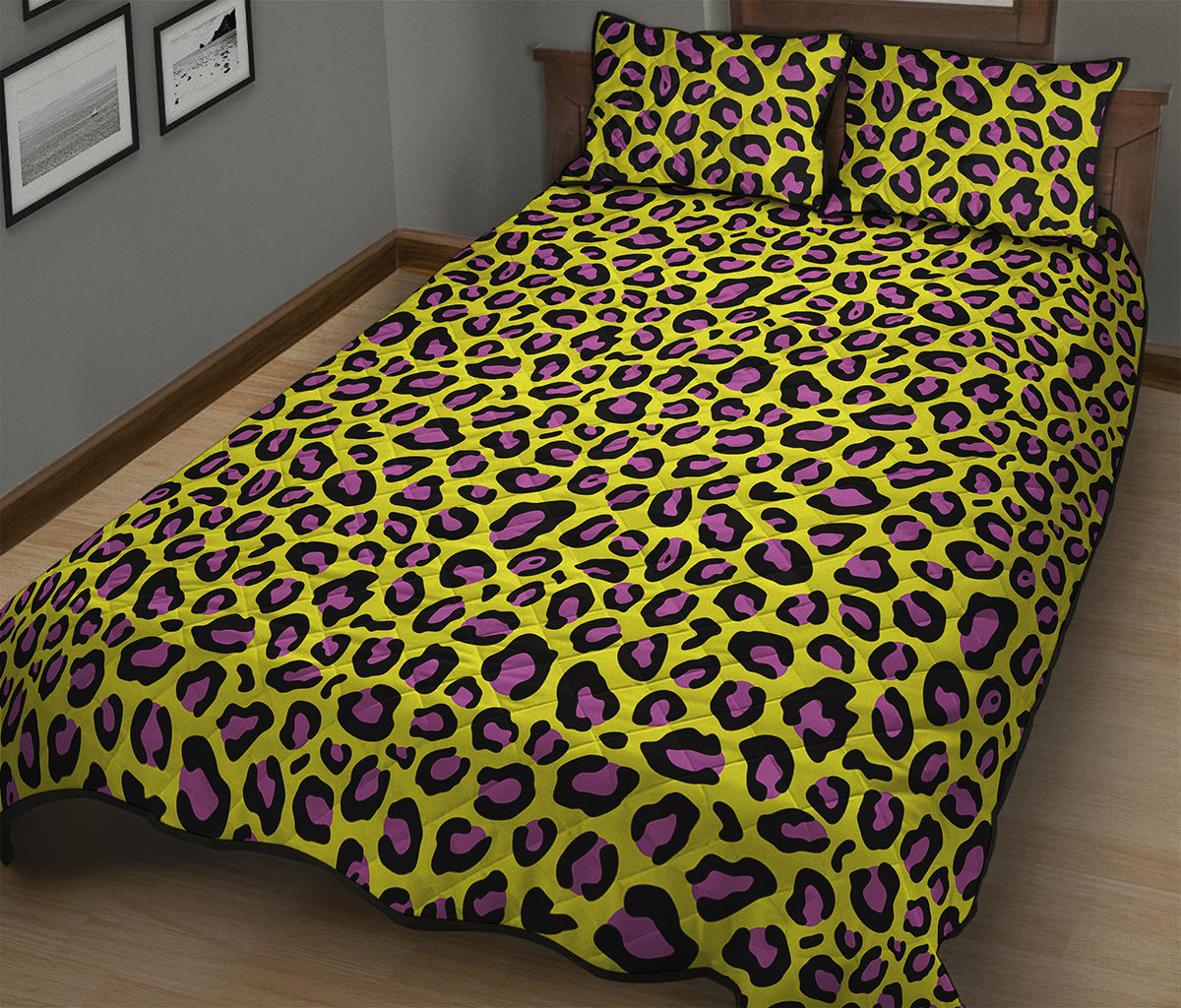 Yellow And Purple Leopard Pattern Print Quilt Bed Set