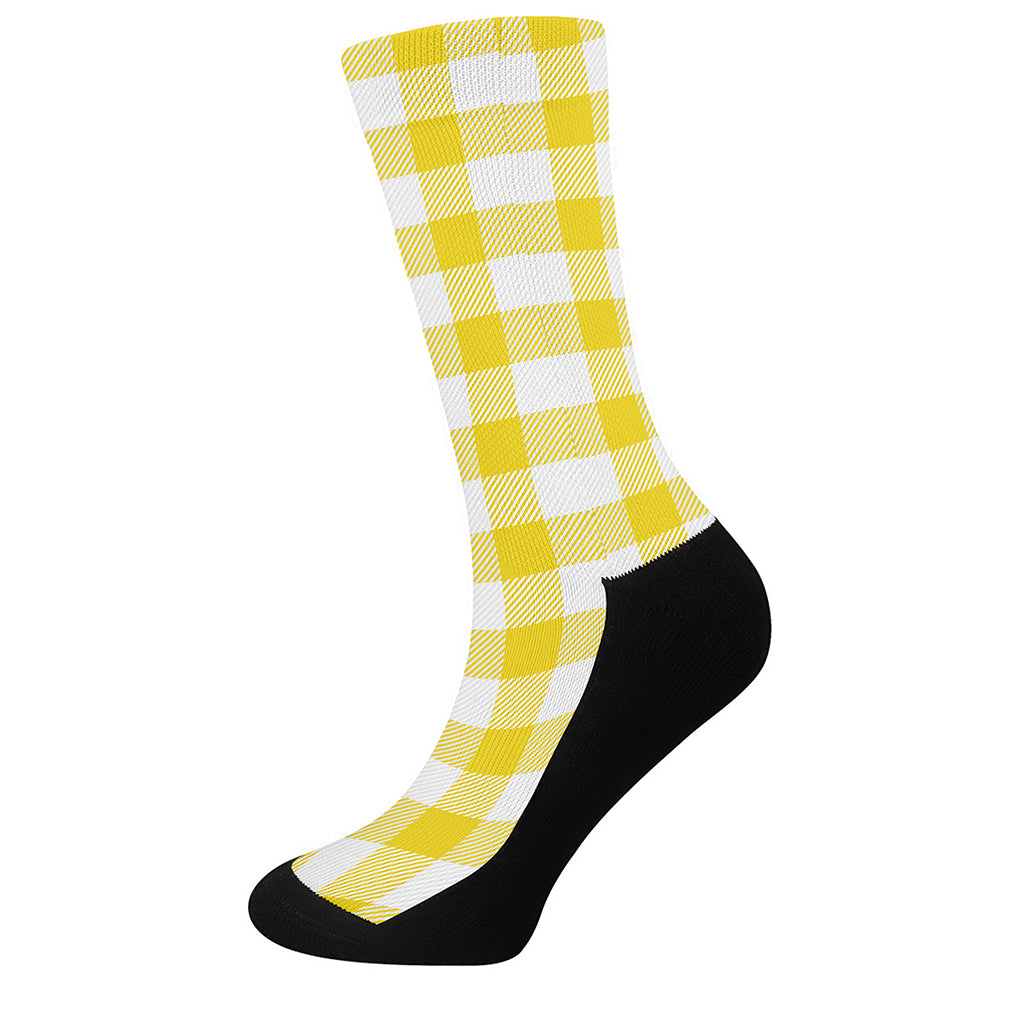 Yellow And White Buffalo Check Print Crew Socks