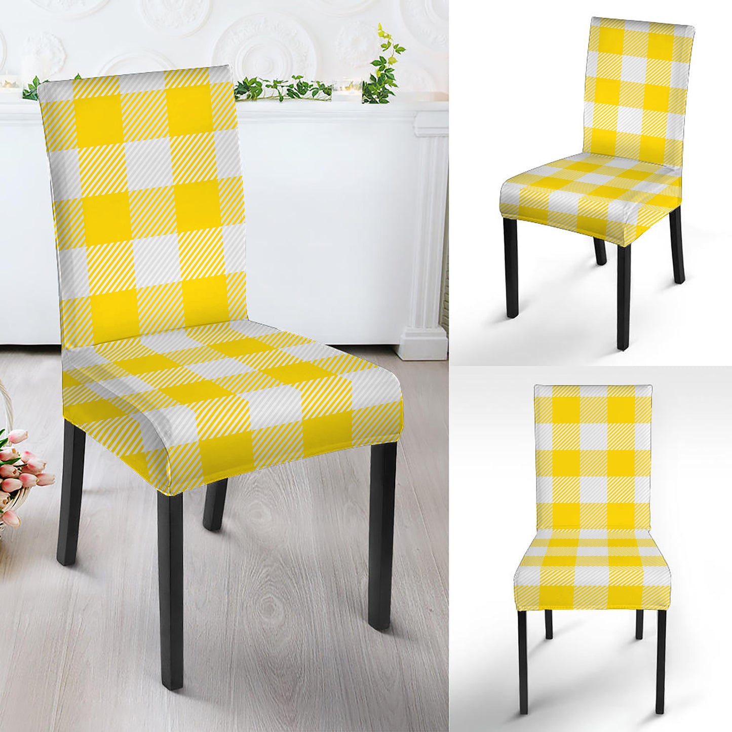 Yellow And White Buffalo Check Print Dining Chair Slipcover