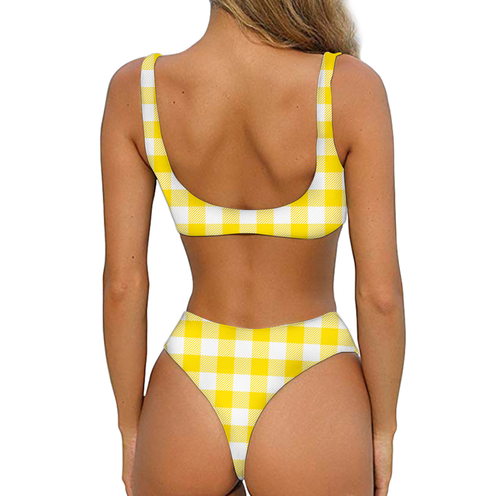 Yellow And White Buffalo Check Print Front Bow Tie Bikini