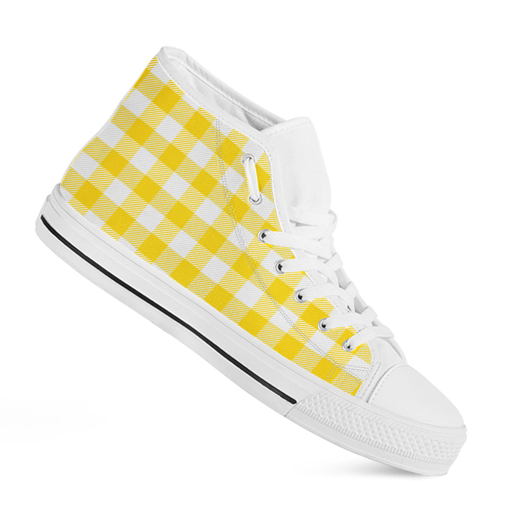 Yellow And White Buffalo Check Print White High Top Shoes