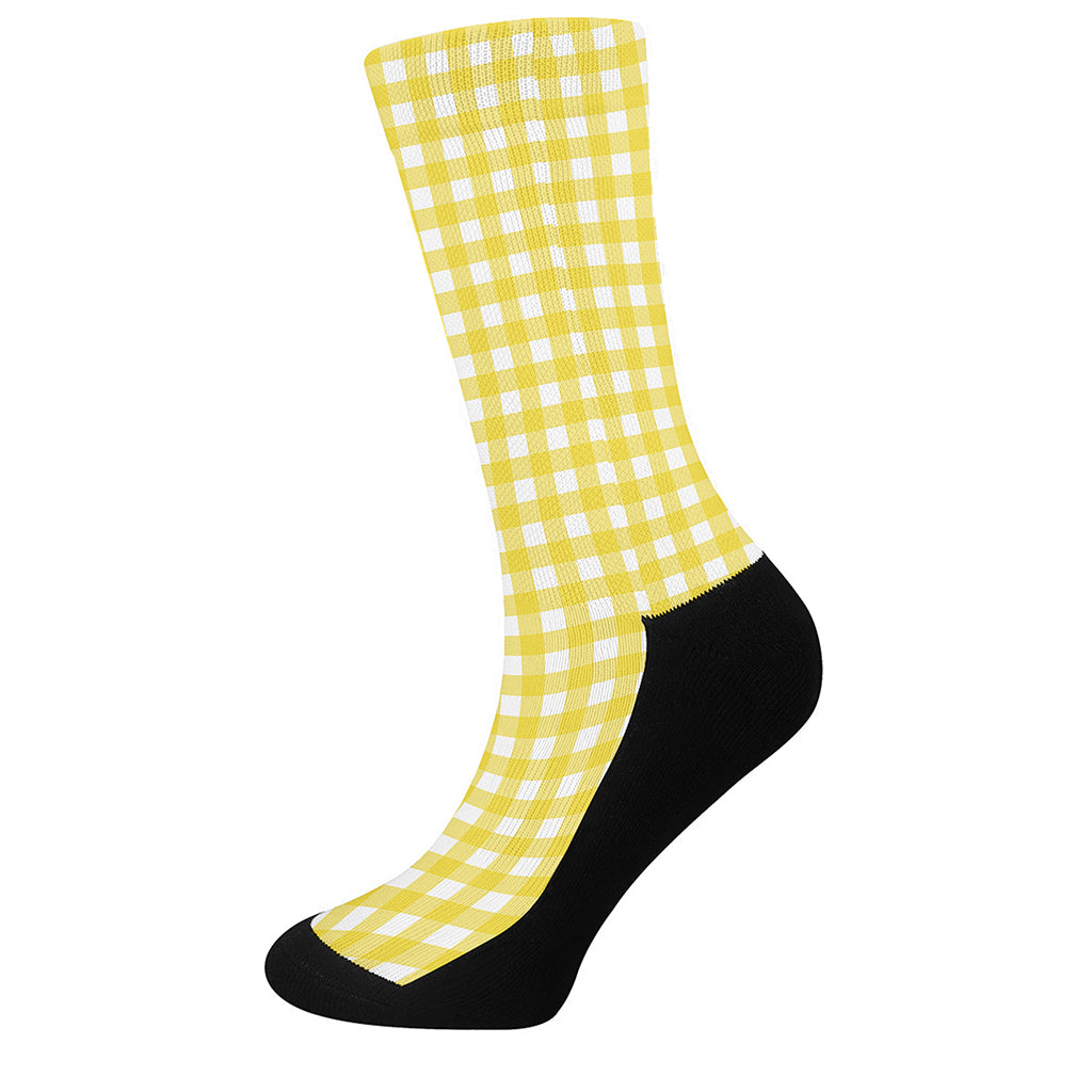 Yellow And White Check Pattern Print Crew Socks
