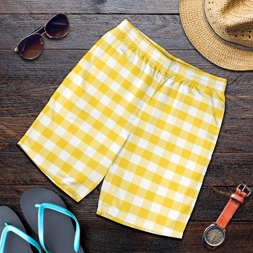Yellow And White Gingham Pattern Print Men's Shorts