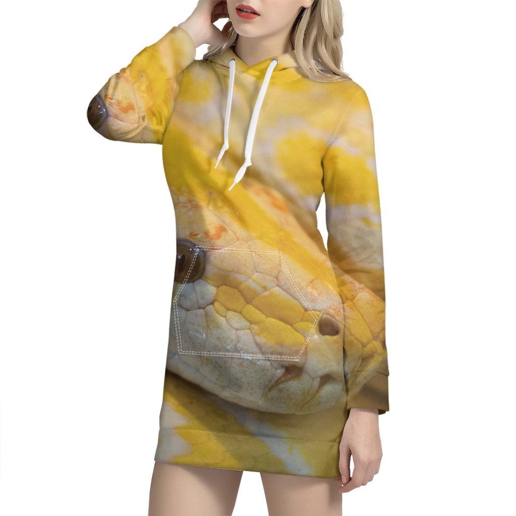 Yellow And White Python Snake Print Pullover Hoodie Dress