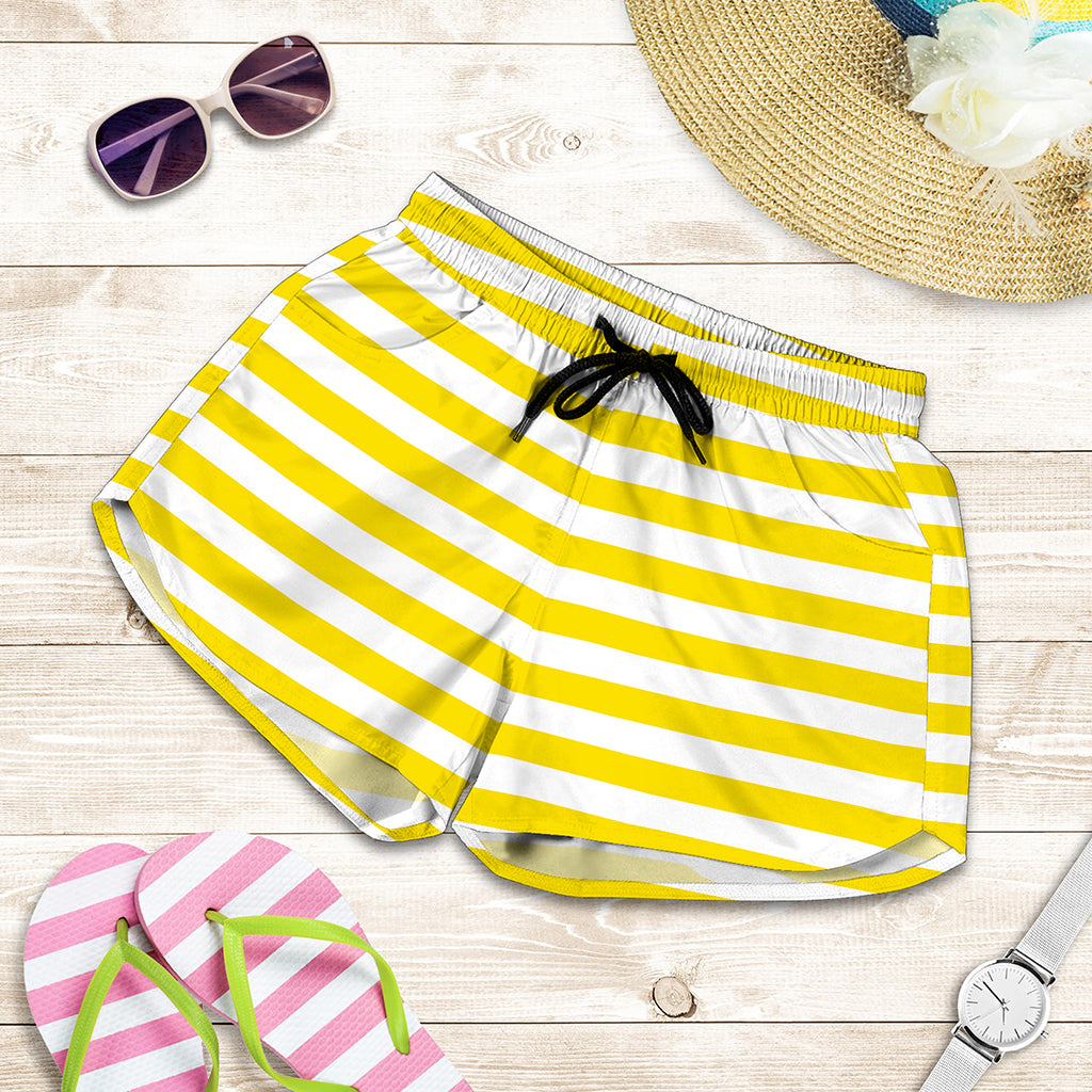Yellow And White Striped Pattern Print Women's Shorts