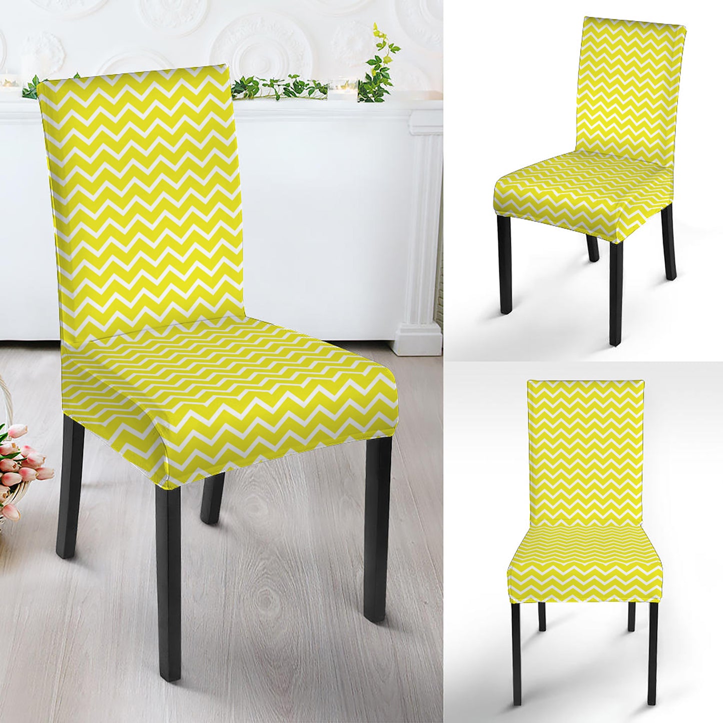 Yellow And White Zigzag Pattern Print Dining Chair Slipcover