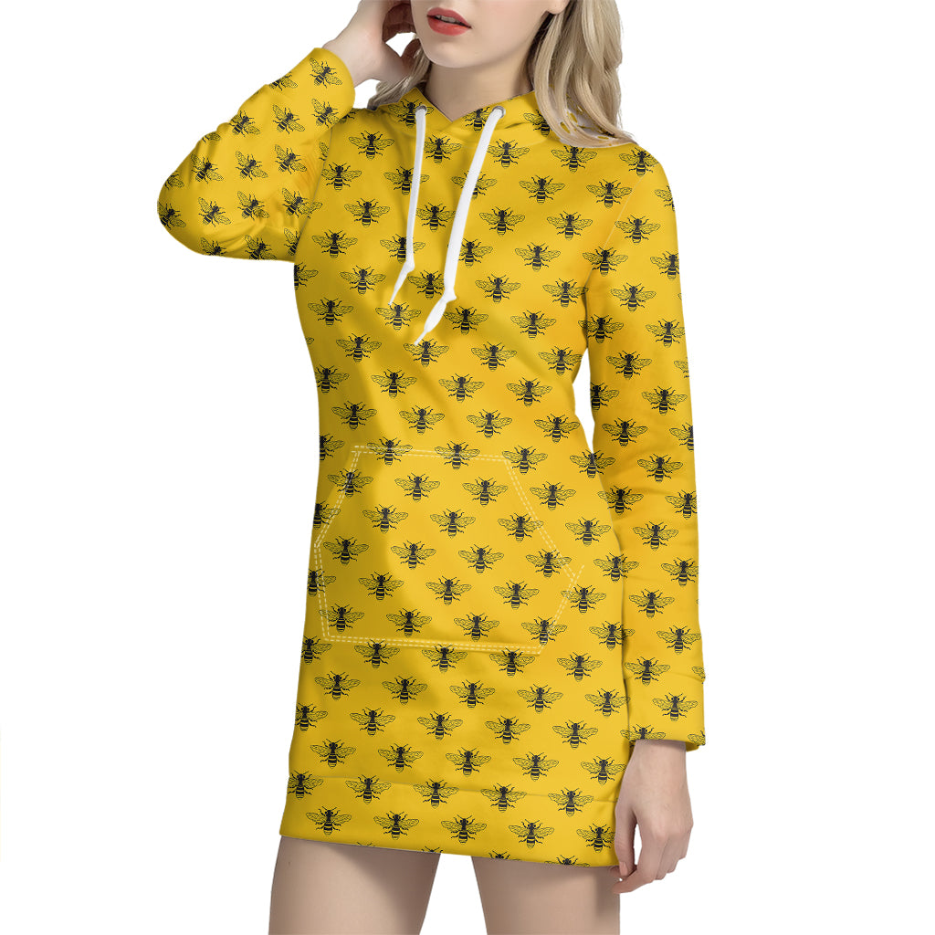 Yellow Bee Pattern Print Hoodie Dress