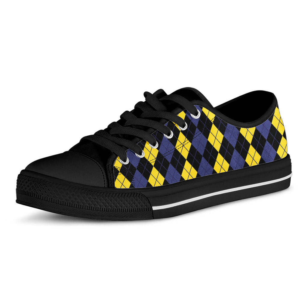 Yellow Black And Blue Argyle Print Black Low Top Shoes