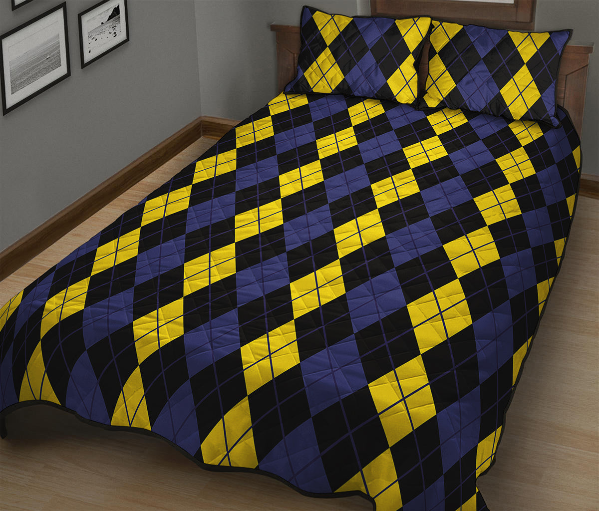 Yellow Black And Blue Argyle Print Quilt Bed Set