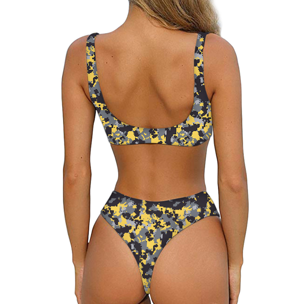 Yellow Black And Grey Digital Camo Print Front Bow Tie Bikini