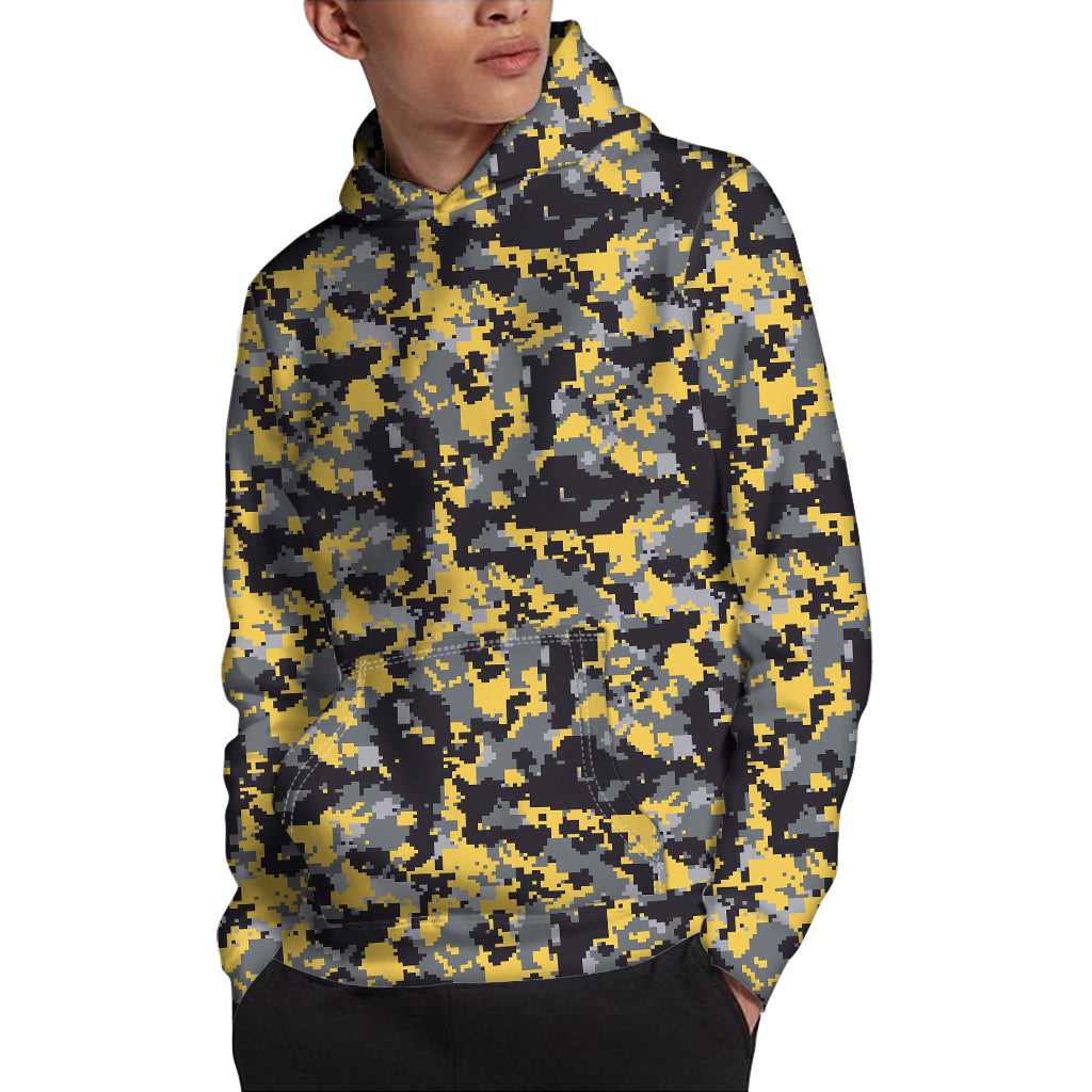 Yellow Black And Grey Digital Camo Print Pullover Hoodie