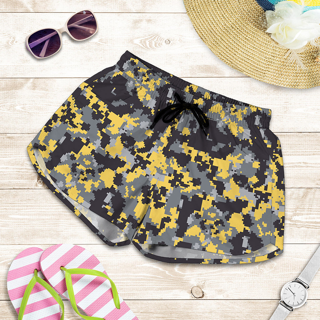 Yellow Black And Grey Digital Camo Print Women's Shorts