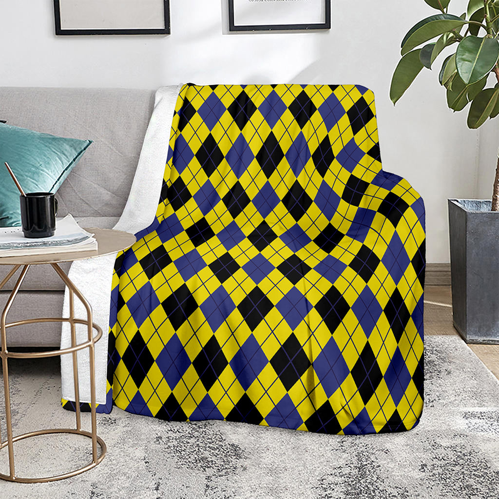 Yellow Blue And Black Argyle Print Blanket