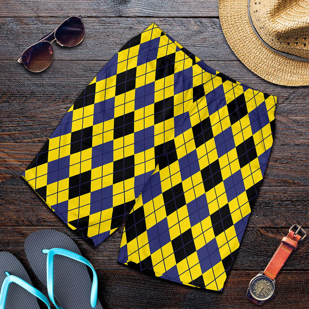 Yellow Blue And Black Argyle Print Men's Shorts