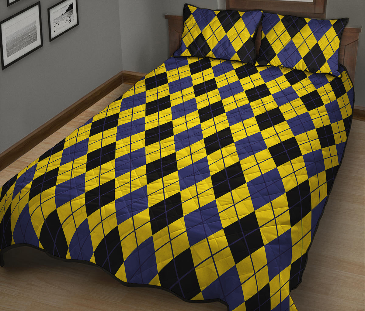 Yellow Blue And Black Argyle Print Quilt Bed Set