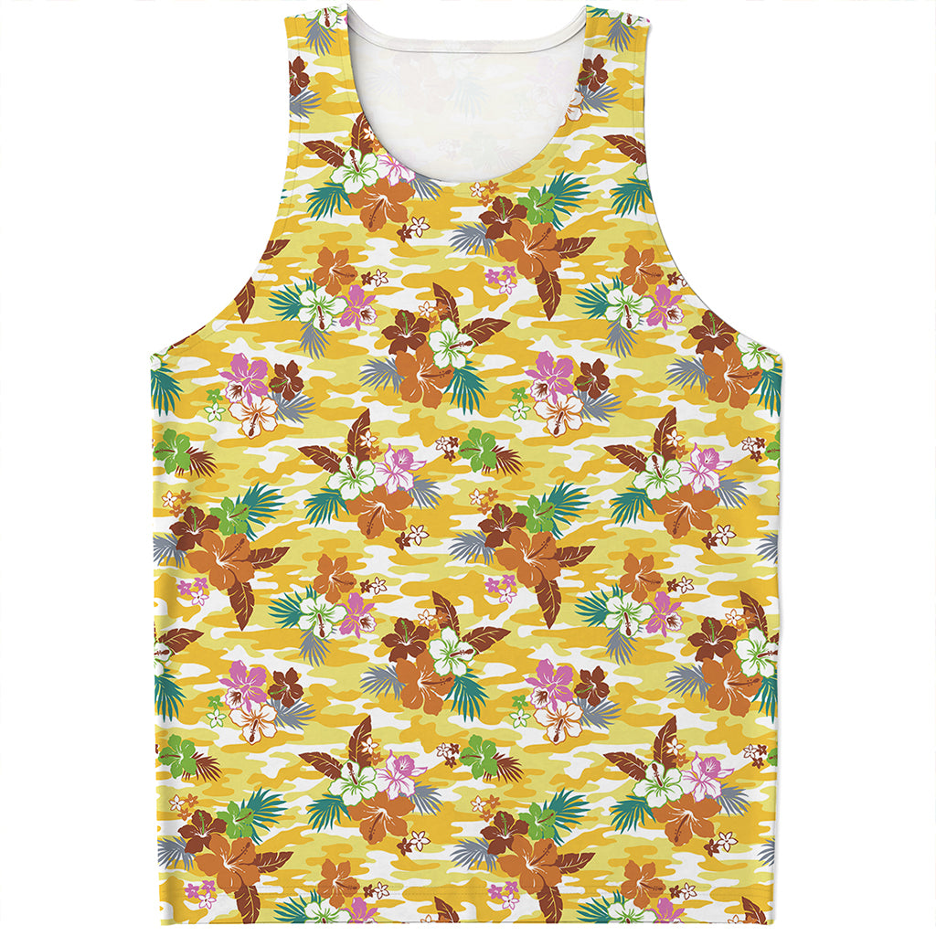 Yellow Camo And Hibiscus Flower Print Men's Tank Top