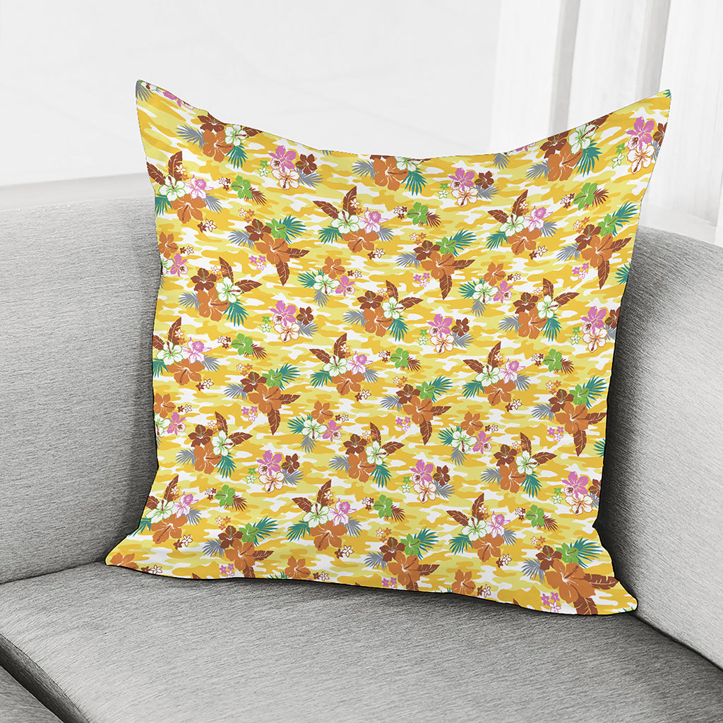 Yellow Camo And Hibiscus Flower Print Pillow Cover