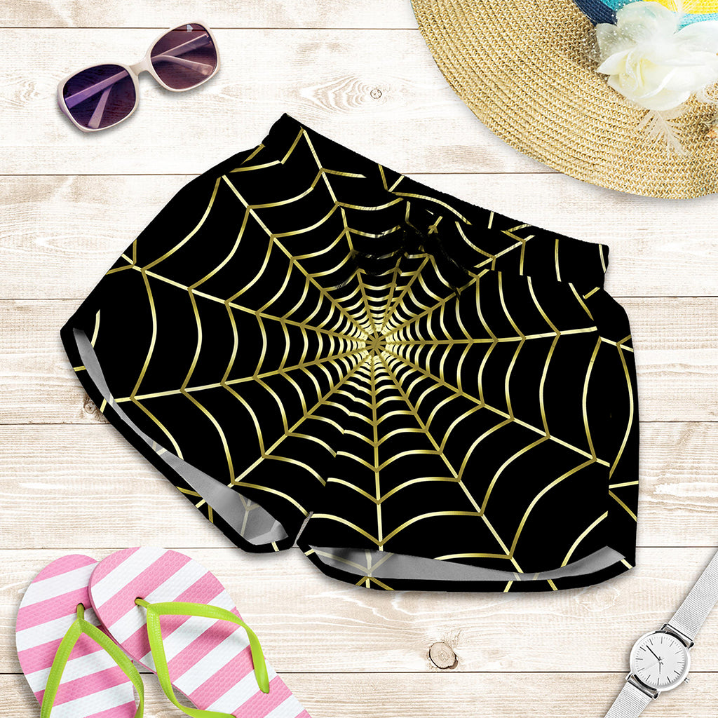 Yellow Cobweb Print Women's Shorts