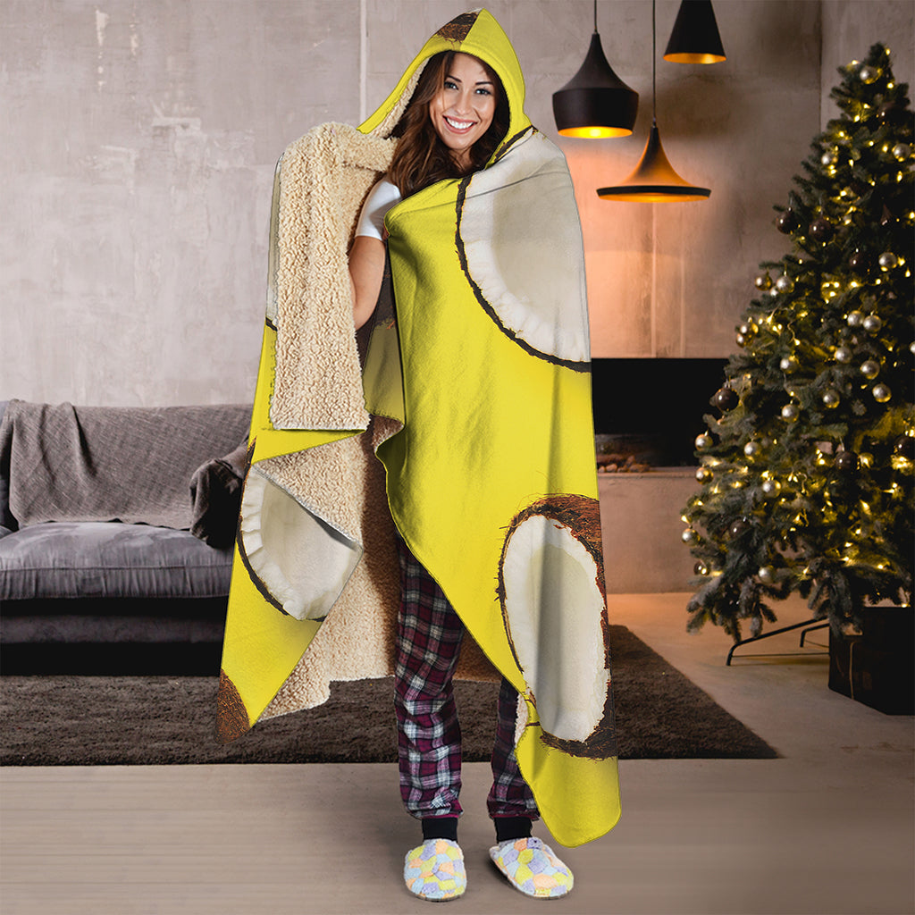 Yellow Coconut Pattern Print Hooded Blanket