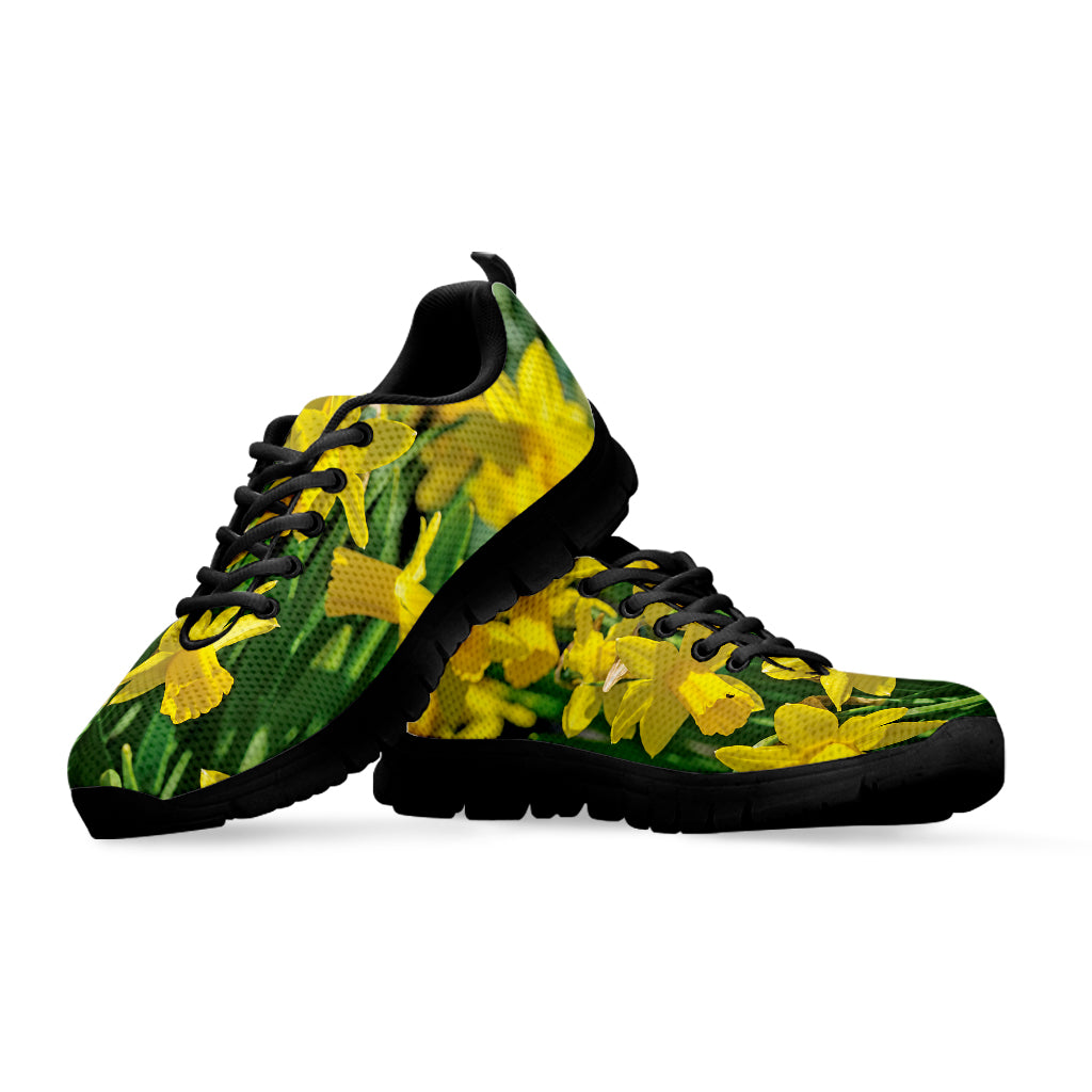 Yellow Daffodil Flower Print Black Sneakers