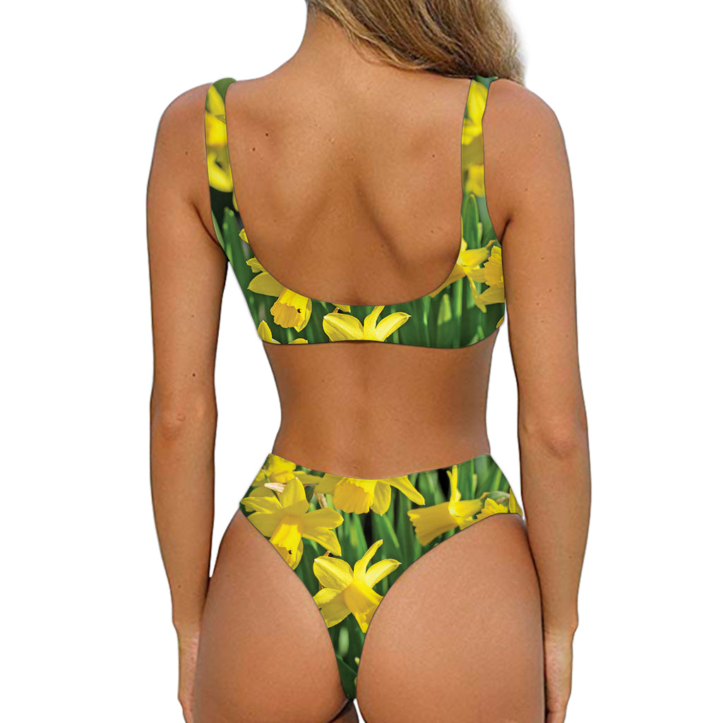 Yellow Daffodil Flower Print Front Bow Tie Bikini