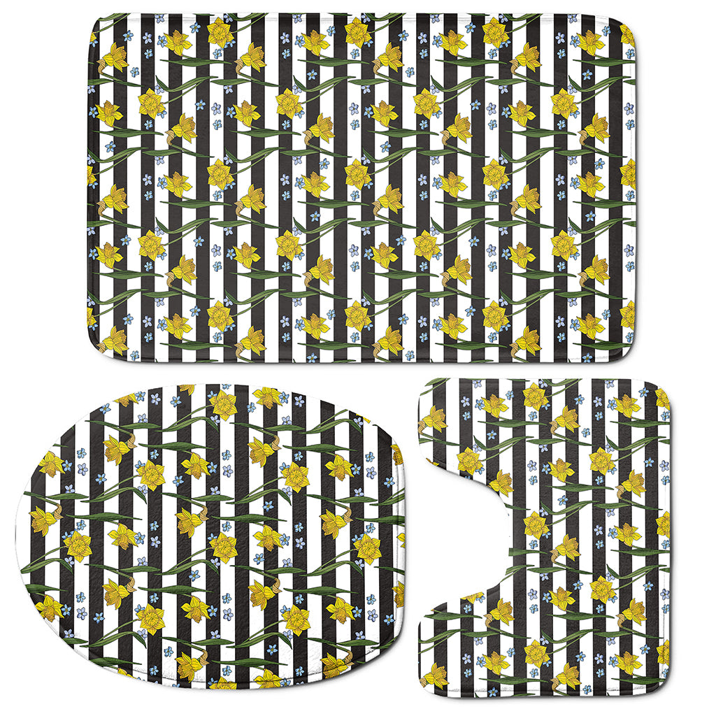 Yellow Daffodil Striped Pattern Print 3 Piece Bath Mat Set
