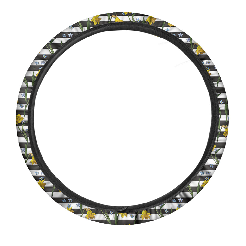 Yellow Daffodil Striped Pattern Print Car Steering Wheel Cover