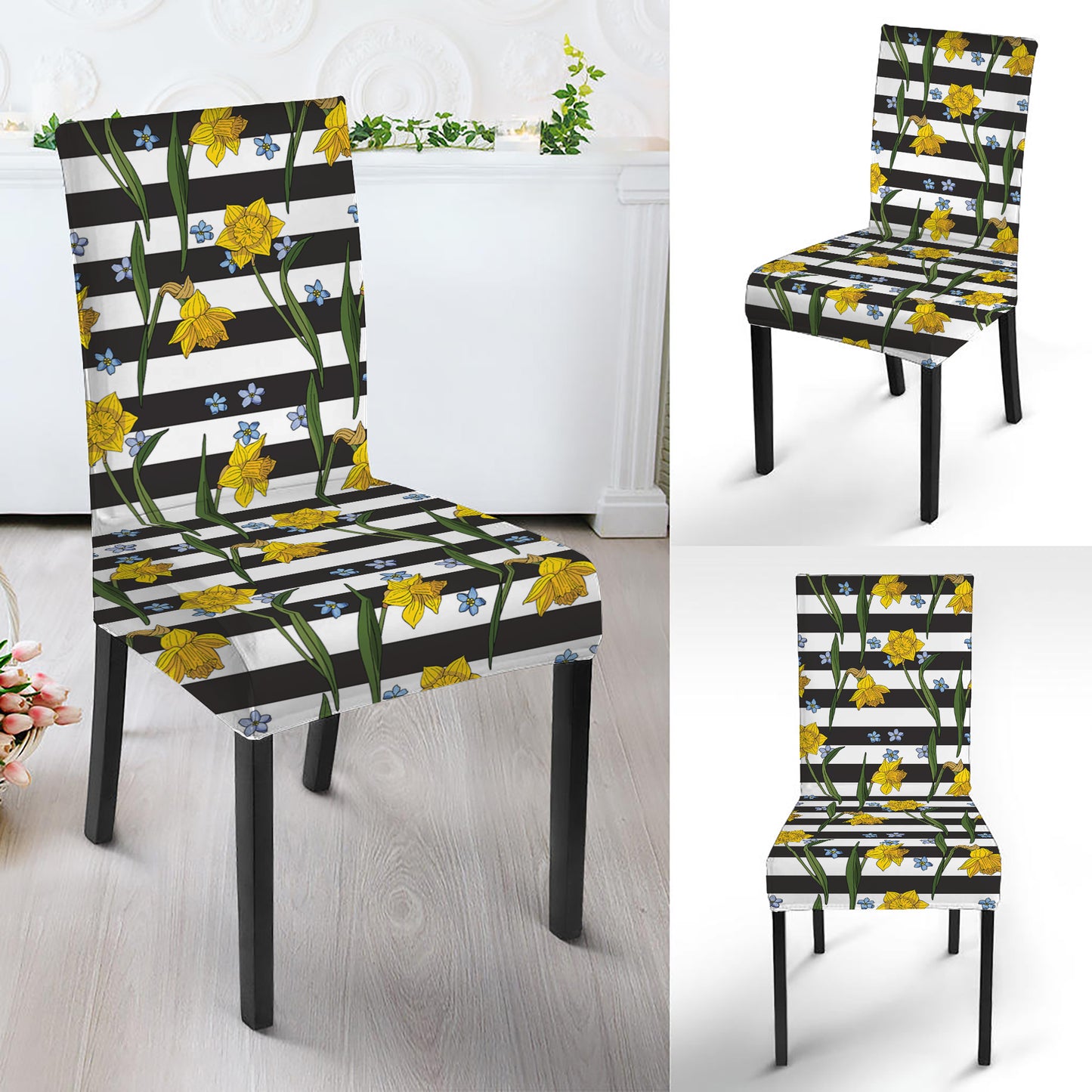 Yellow Daffodil Striped Pattern Print Dining Chair Slipcover