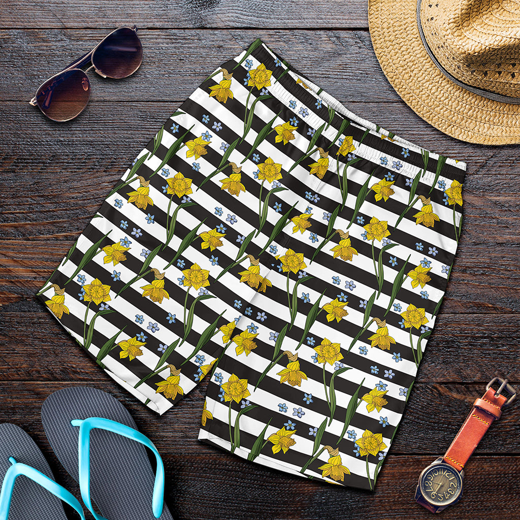 Yellow Daffodil Striped Pattern Print Men's Shorts