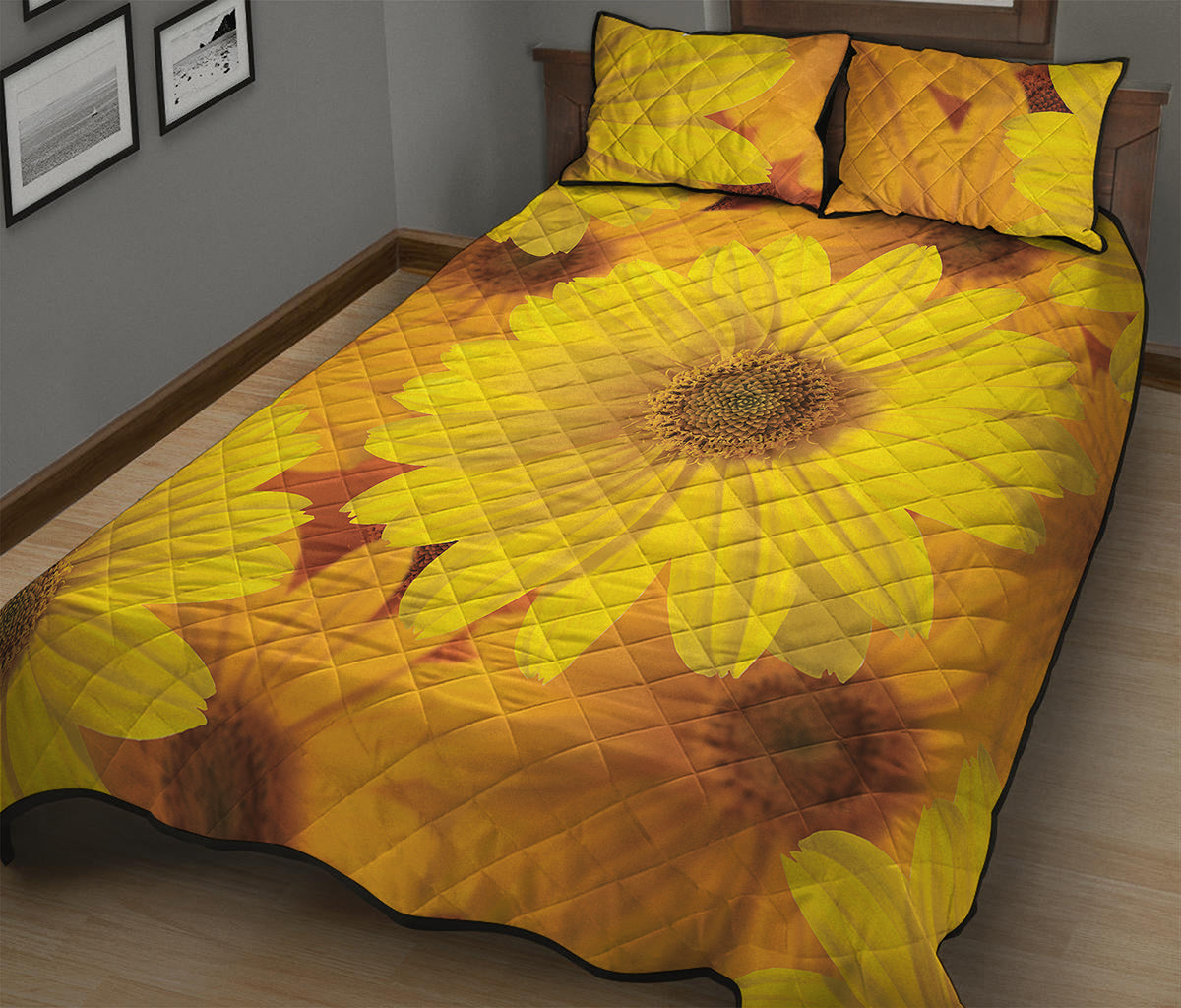 Yellow Daisy Flower Print Quilt Bed Set