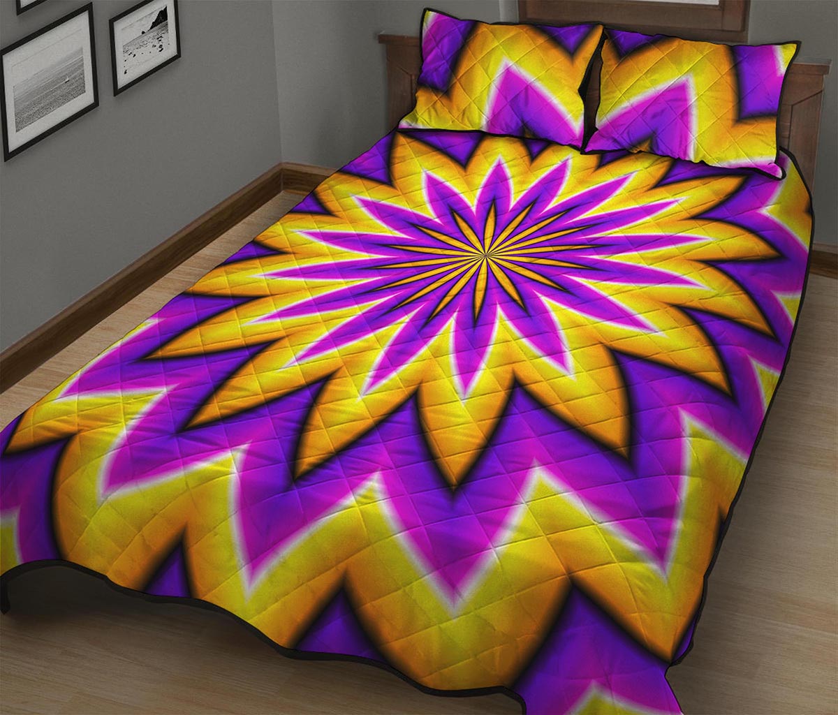 Yellow Flower Moving Optical Illusion Quilt Bed Set