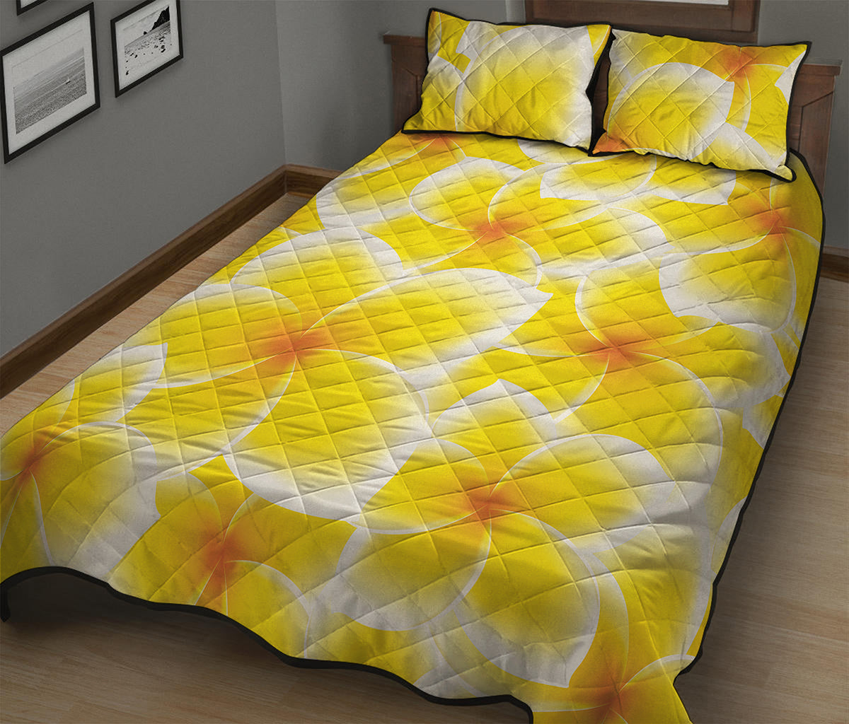 Yellow Frangipani Pattern Print Quilt Bed Set