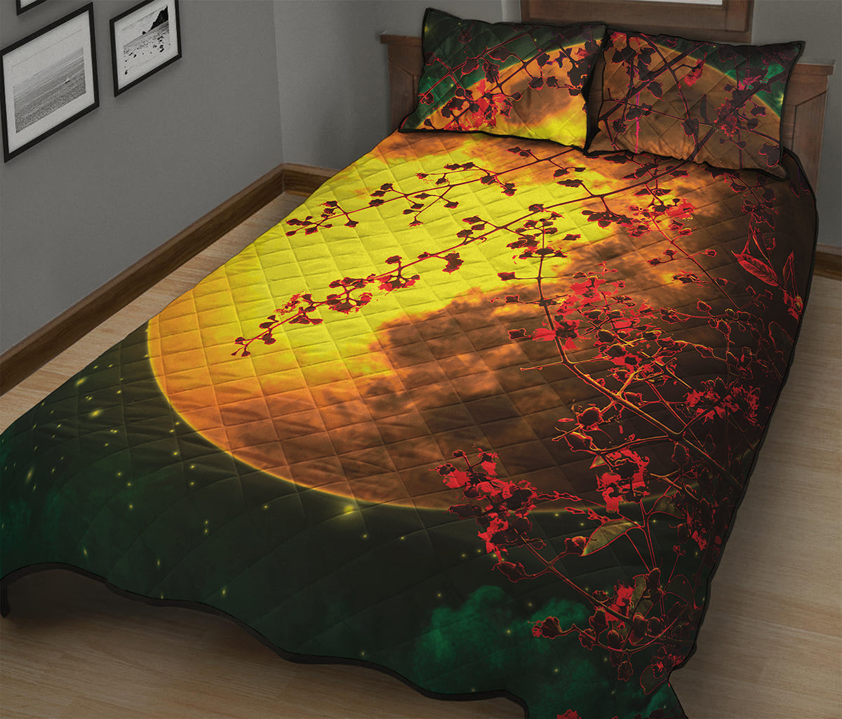 Yellow Full Moon Print Quilt Bed Set