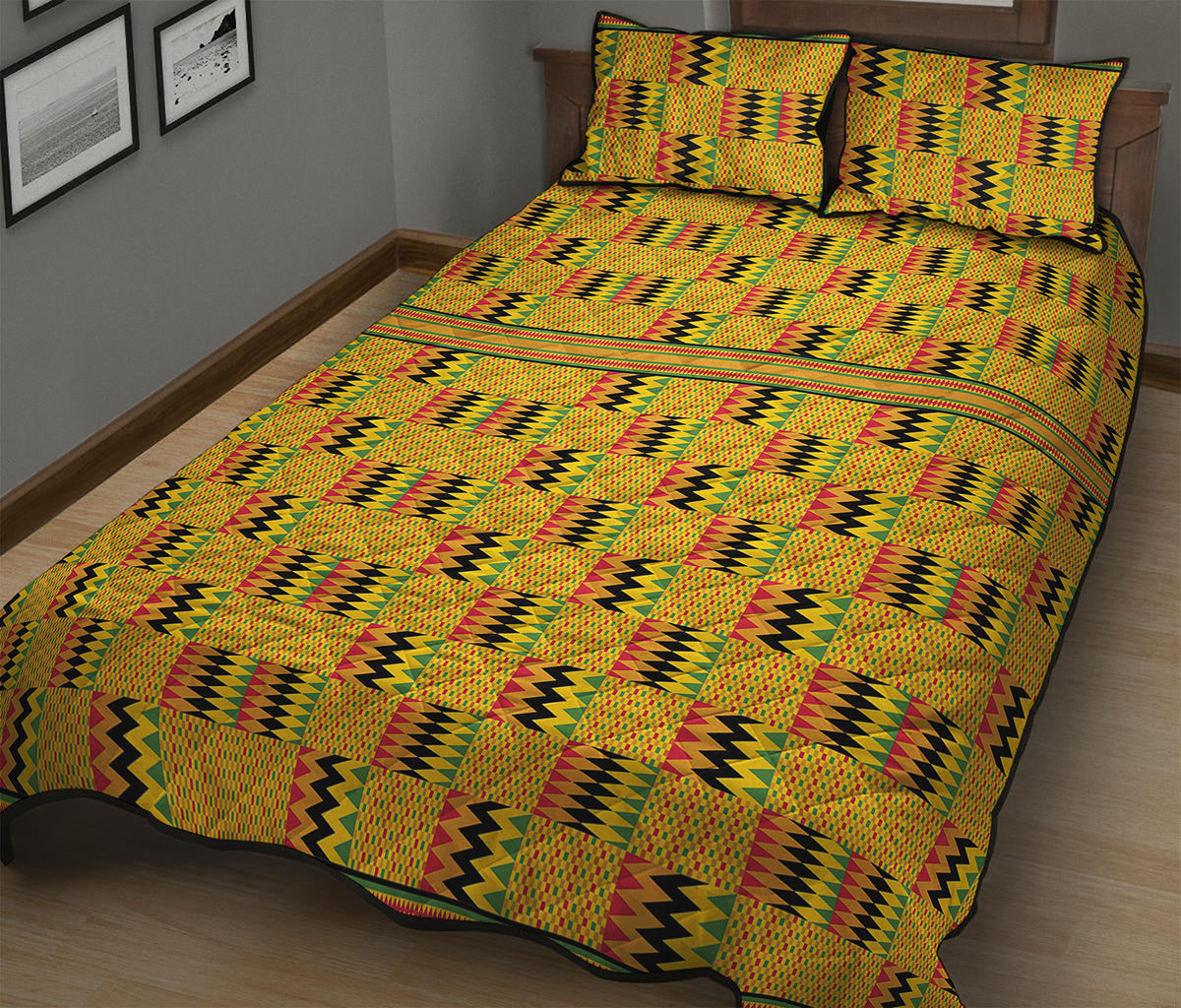 Yellow Kente Pattern Print Quilt Bed Set