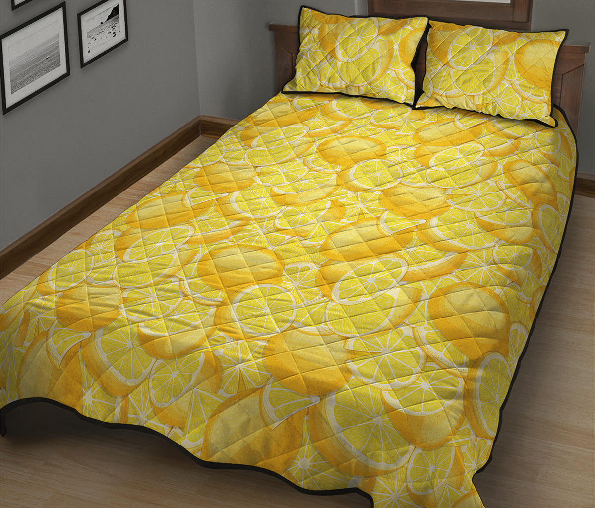 Yellow Lemon Pattern Print Quilt Bed Set