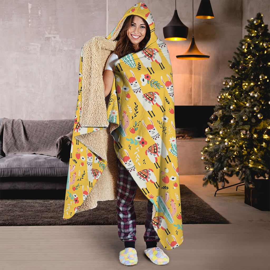 Yellow Llama Pattern Print Hooded Blanket