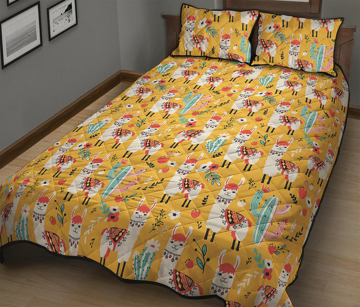 Yellow Llama Pattern Print Quilt Bed Set