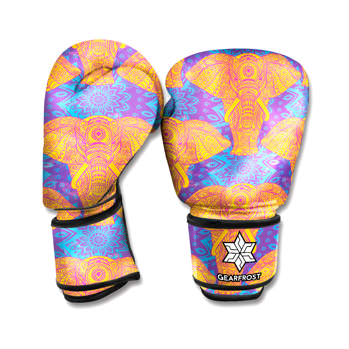 Yellow Mandala Elephant Pattern Print Boxing Gloves