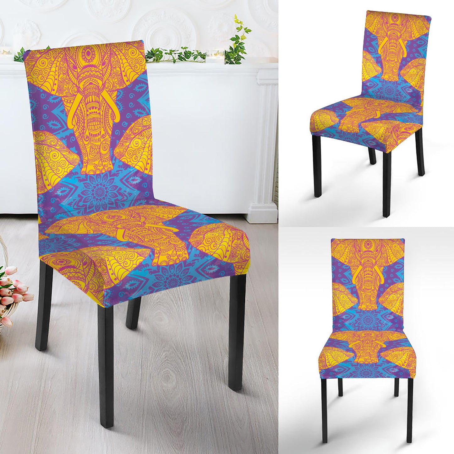 Yellow Mandala Elephant Pattern Print Dining Chair Slipcover
