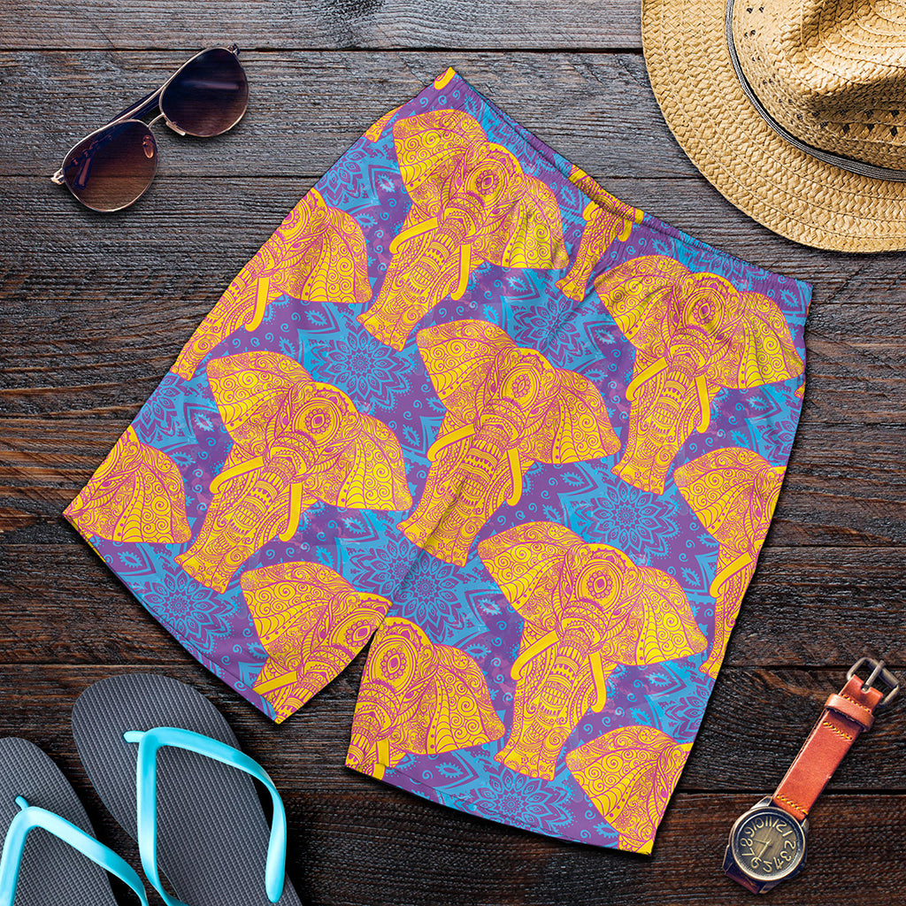 Yellow Mandala Elephant Pattern Print Men's Shorts
