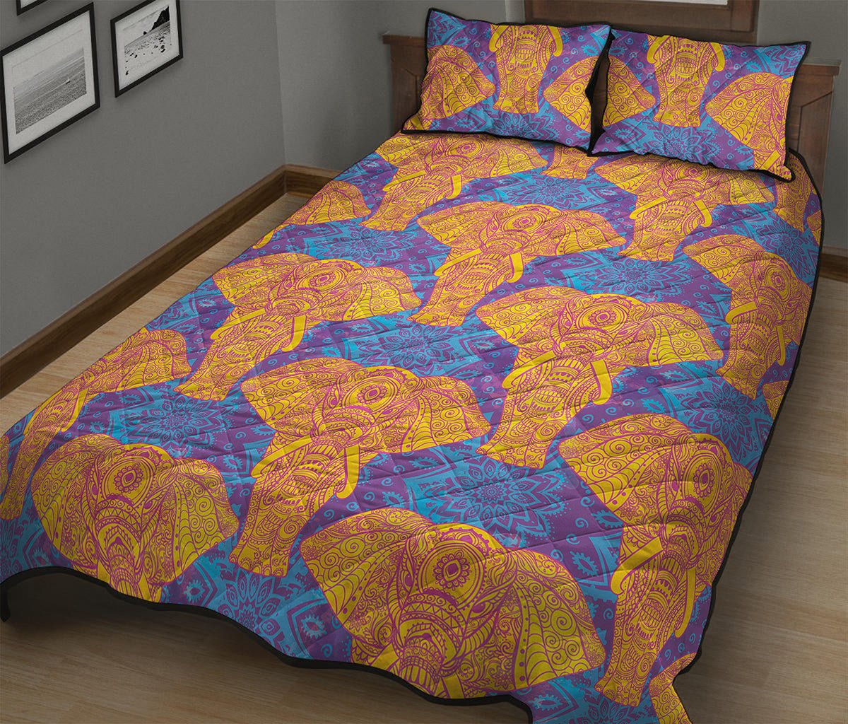 Yellow Mandala Elephant Pattern Print Quilt Bed Set