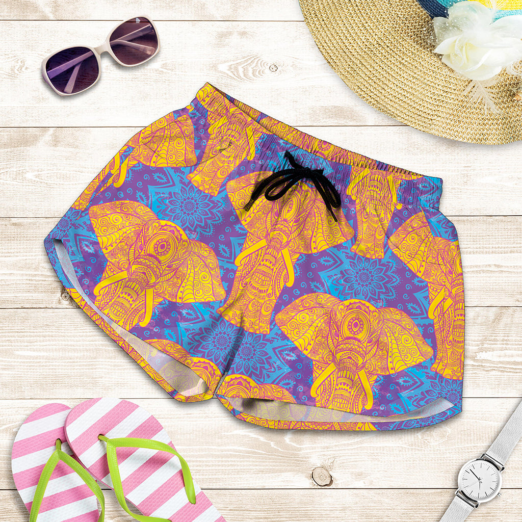 Yellow Mandala Elephant Pattern Print Women's Shorts
