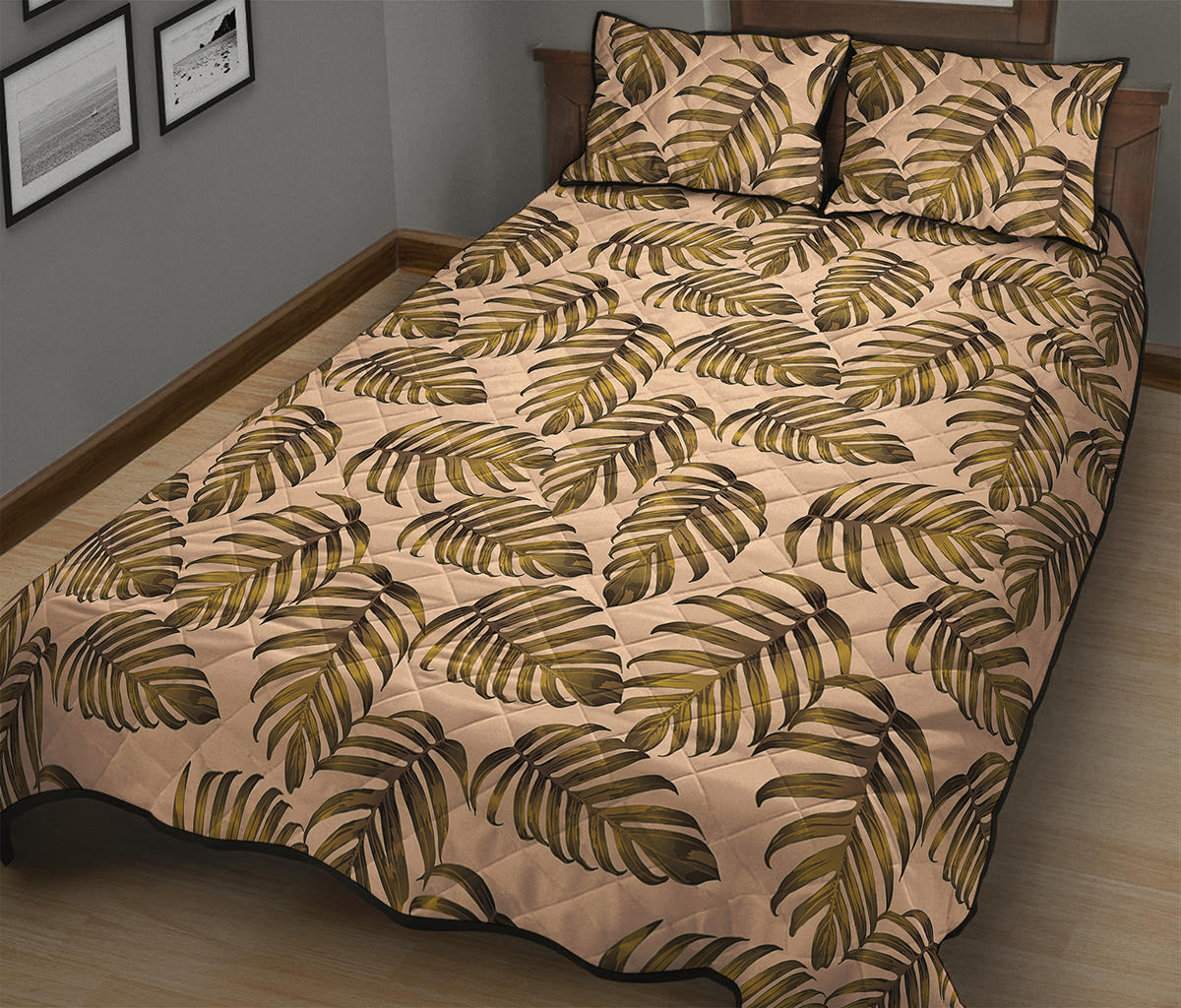 Yellow Monstera Leaves Pattern Print Quilt Bed Set