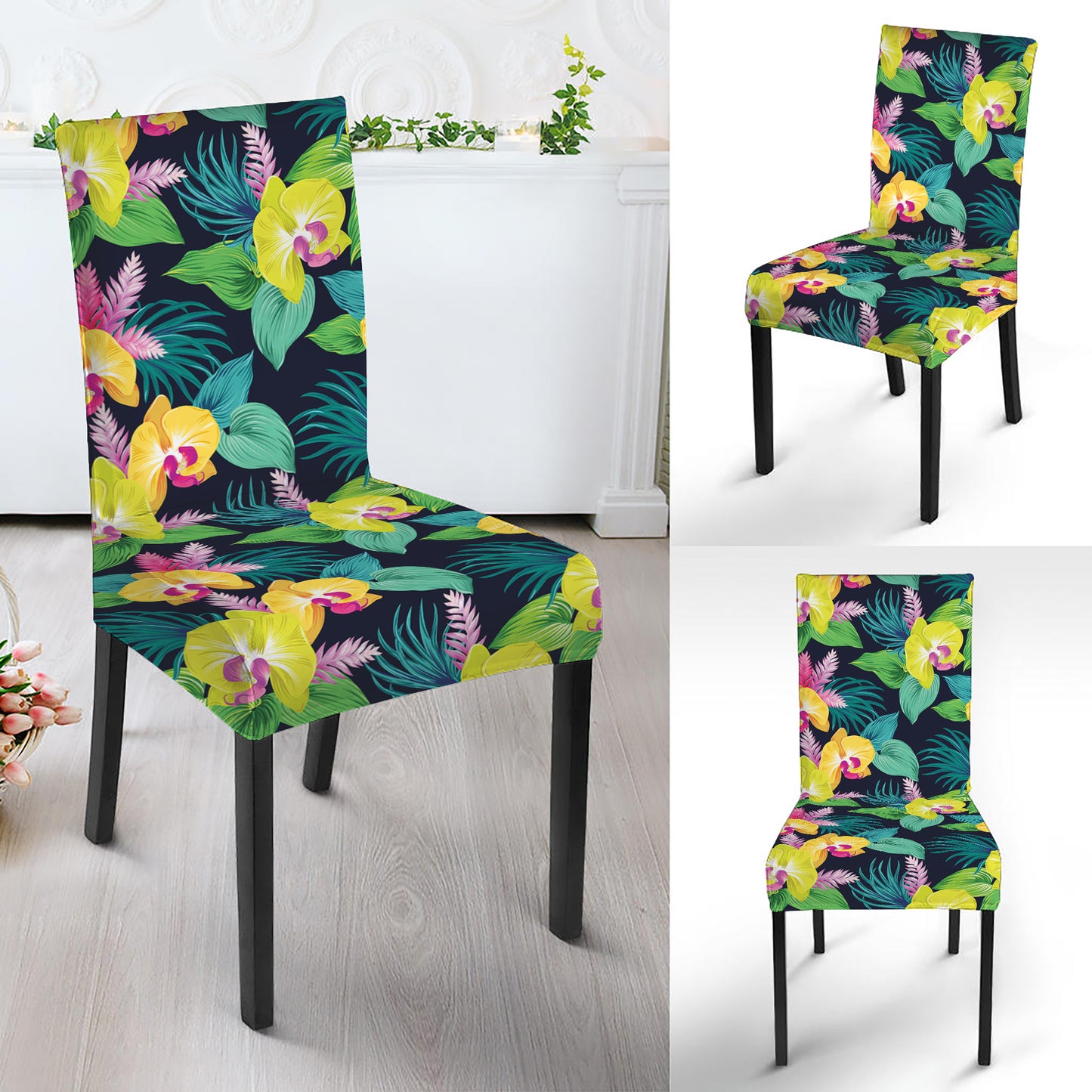 Yellow Orchid Pattern Print Dining Chair Slipcover